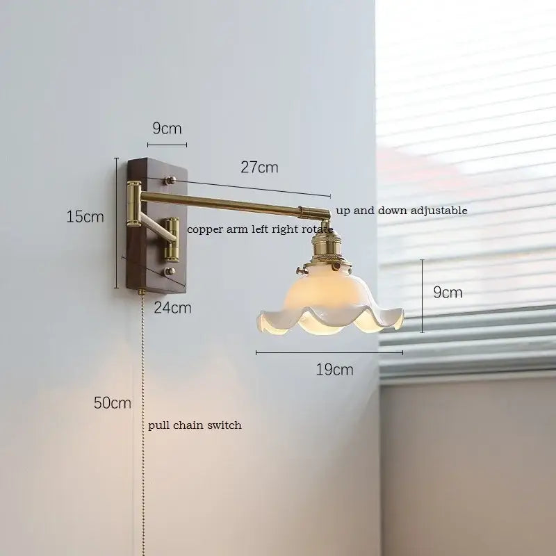 Adjustable copper arm wall light with fluted translucent scalloped glass shade for bedroom reading by decorbites ceramic led