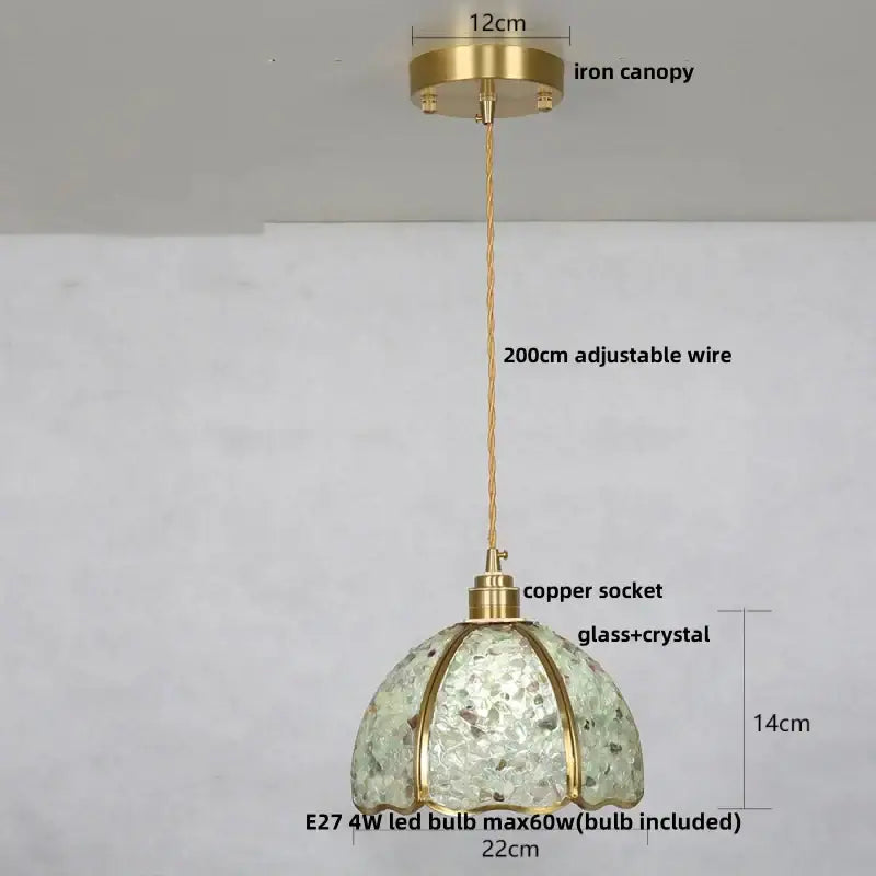 Modern scalloped seashell glass led pendant light in delicate green decorbites crystal glass with brass iron canopy