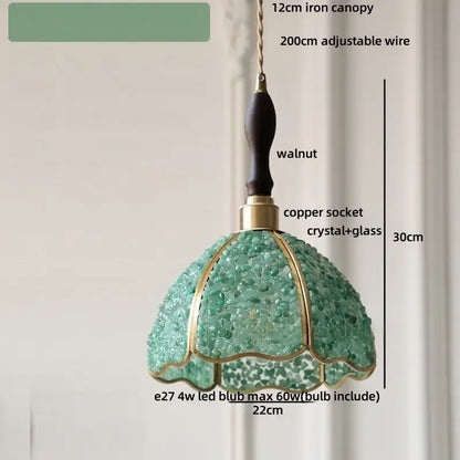 Modern scalloped seashell crystal glass led pendant light with green glass, walnut iron canopy, and adjustable wire for dining room decorbites crystal glass