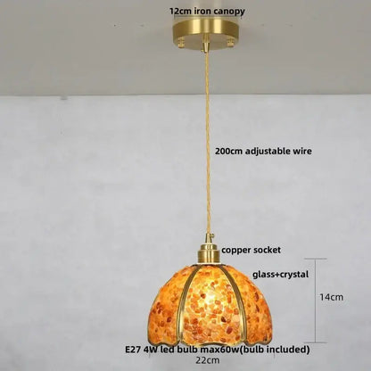 Modern scalloped seashell amber glass led pendant light with brass iron canopy and copper socket for dining room decorbites crystal glass