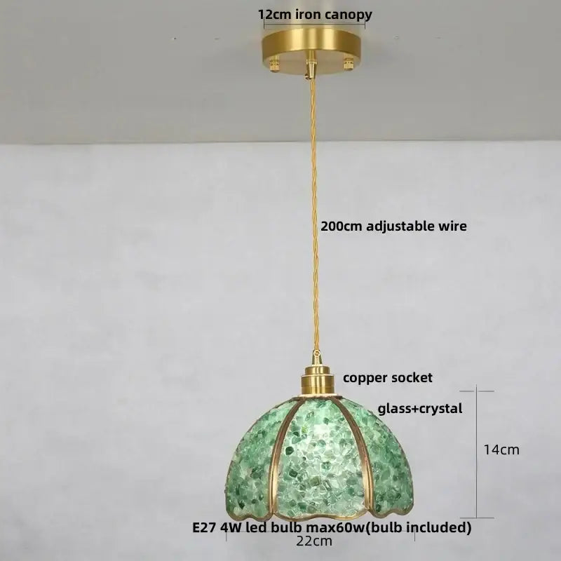 Modern scalloped seashell green glass led pendant light with brass iron canopy and copper socket for dining room decorbites crystal glass