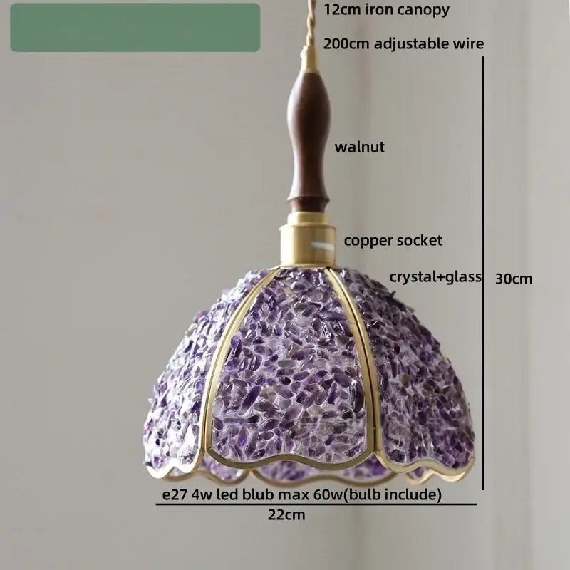 Modern scalloped seashell glass led pendant light with purple crystal glass led, walnut iron canopy, and gold-toned frame for dining room decorbites crystal glass