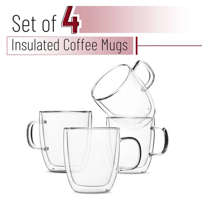 Modern set of 4 clear double wall glass coffee cups with sturdy handles for insulated kitchen use