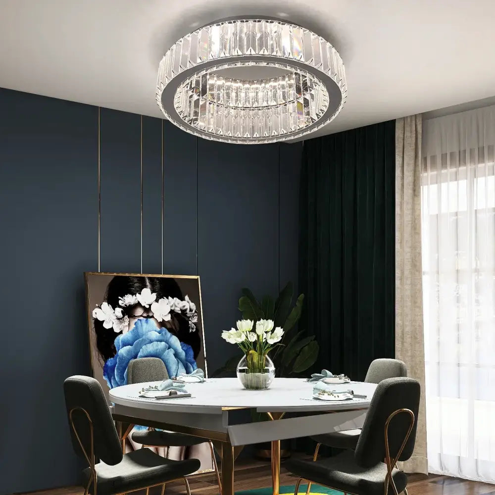 Modern silver big crystal led circle ceiling lamp with multi-tiered clear crystal elements for living room use