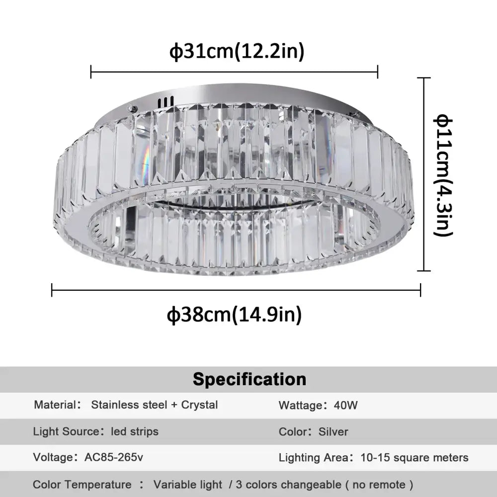 Modern silver big crystal led ceiling lamp with concentric crystal led circle and stainless steel accents for living room