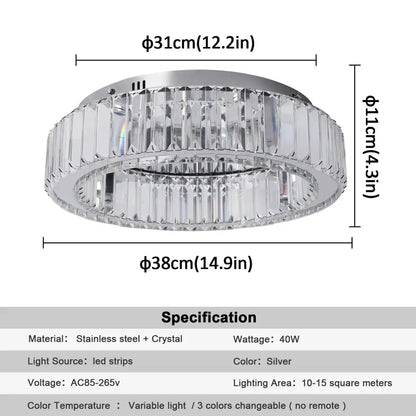 Modern silver big crystal led ceiling lamp with concentric crystal led circle and stainless steel accents for living room