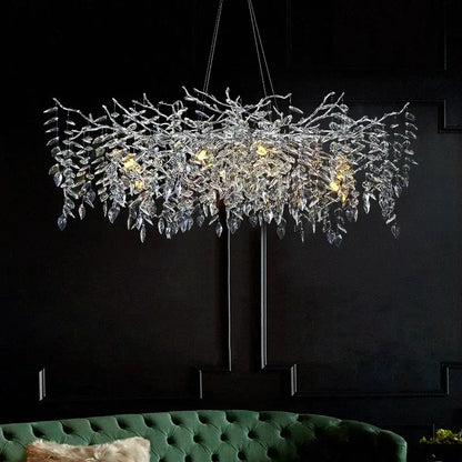 Modern silver and black crystal pendant chandelier with intricate branch design featuring decorbites crystal pendant elements