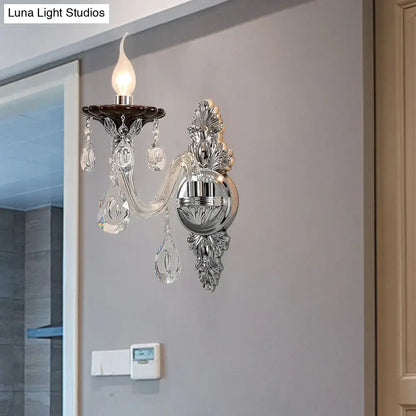 Elegant crystal chandelier silver candle wall mounted sconce with polished chrome base and dark brown glass shade