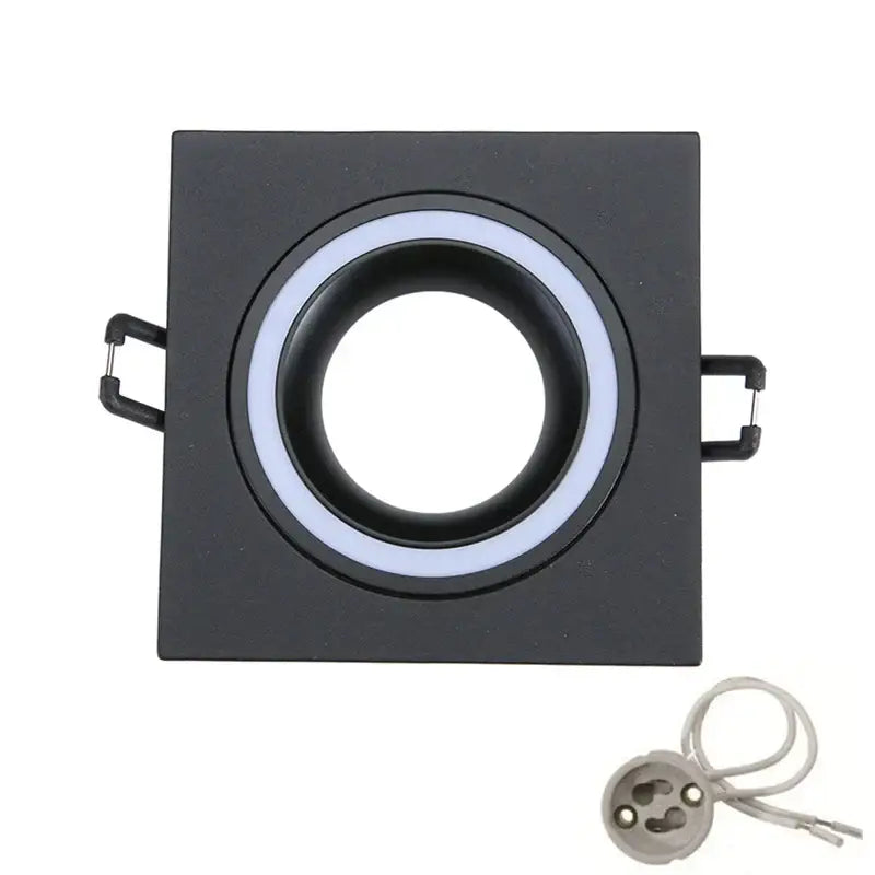 Modern silver and chrome black square ceiling downlight frame with circular white led ring and side mounting clips for living room