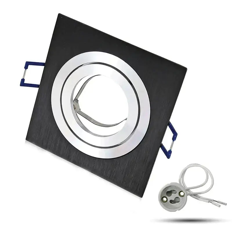 Modern silver and chrome black square ceiling downlight frame with brushed metal ring and blue mounting handles for living room