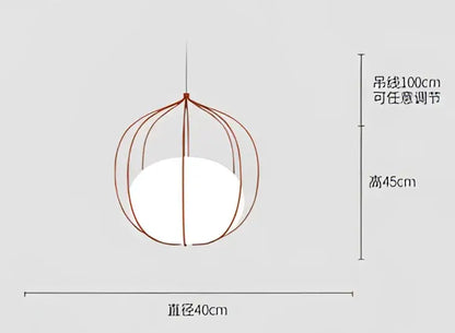 Modern silver and copper pendant light with a spherical copper wire frame enclosing a soft white glass ball pendant light