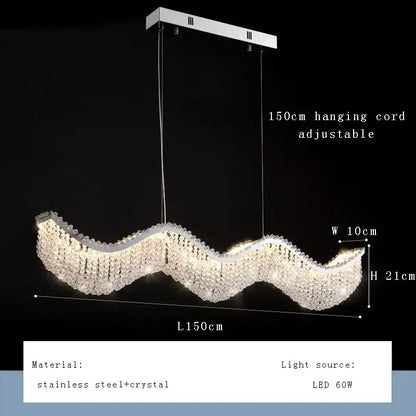 Modern silver crystal bead chandelier led light with sleek wavy design stainless steel frame for bedroom decorbites crystal bead
