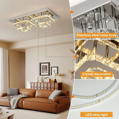 Modern silver crystal ceiling chandelier with stainless steel frame and led strip light for living room illumination