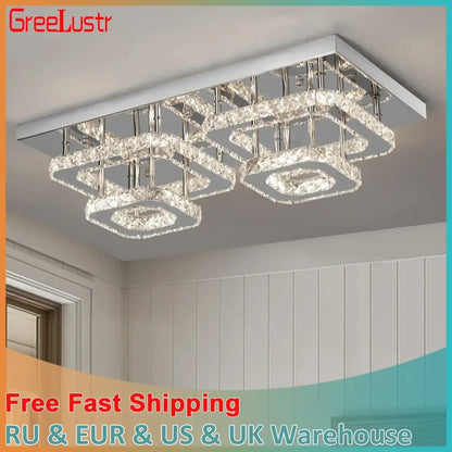 Modern silver crystal ceiling chandelier with layered crystal rings and chrome accents for living room lighting