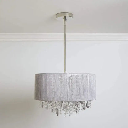 Modern silver crystal fabric pendant lamp with textured drum shade and dangling crystal droplets for bedroom decorbites crystal fabric