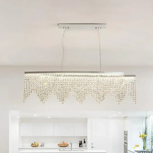 Modern silver crystal island pendant dining room chandelier with sleek frame and cascading clear crystal beads 110-120v