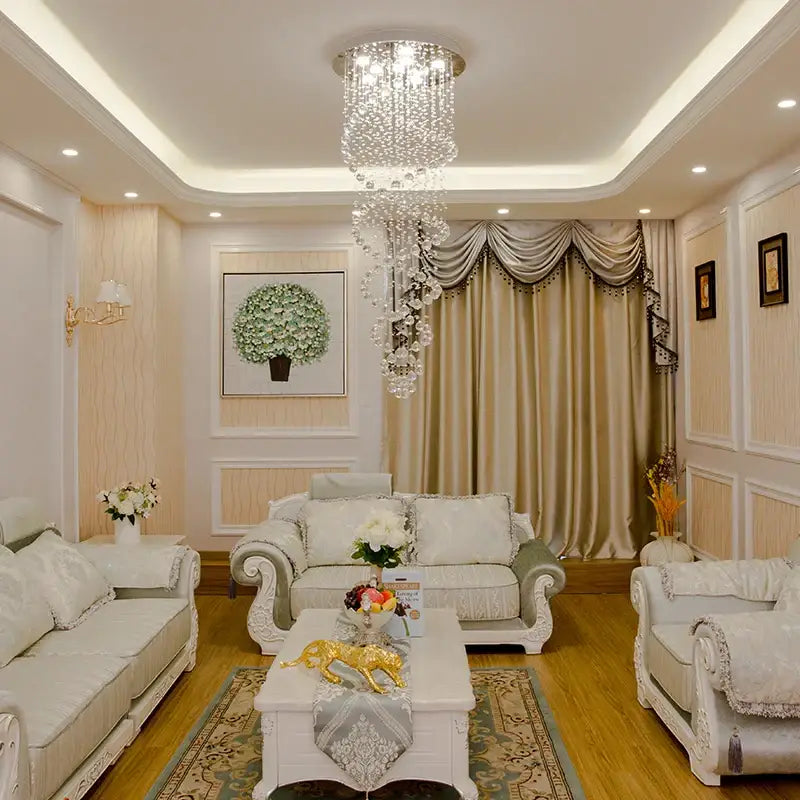 Modern silver decorbites crystal led chandelier with cascading clear faceted beads for staircase tiered lighting