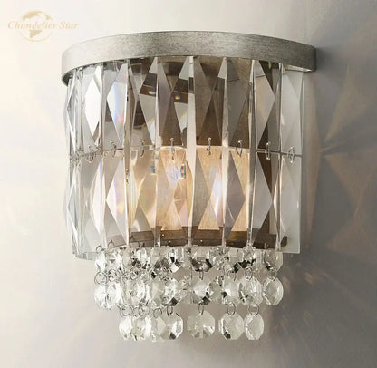 Modern silver wall sconce with cascading clear crystal prisms and faceted crystals for decorbites crystal led wall lighting