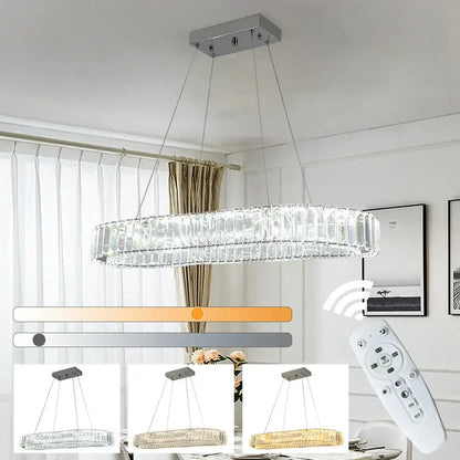 Modern silver crystal oval led chandelier with sleek rectangular ceiling mount and adjustable lighting decorbites crystal oval design
