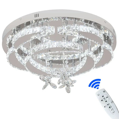 Modern silver crystal raindrop led chandelier ceiling light with circular tiers and silver-toned metal framing by decorbites crystal raindrop