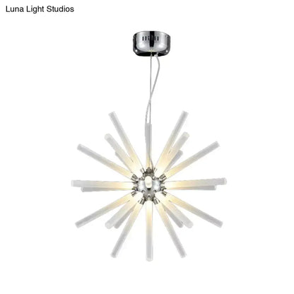 Modern chrome starburst chandelier pendant with translucent white acrylic arms and clear hanging ceiling fixture
