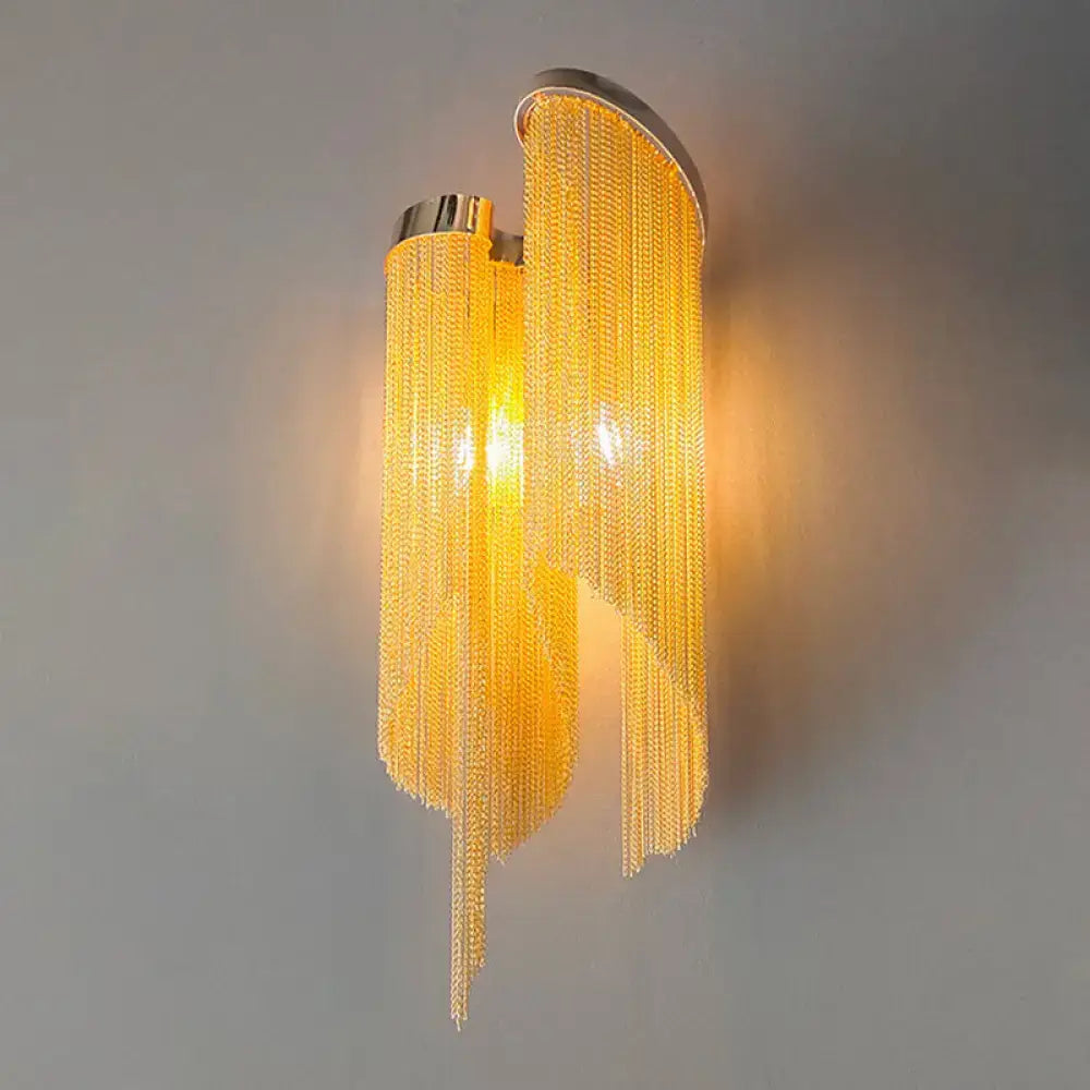 Modern silver crystal tassel wall light with golden chain curtain wall sconce and sleek chrome finish for living room