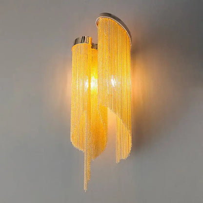 Modern silver crystal tassel wall light with golden chain curtain wall sconce and sleek chrome finish for living room
