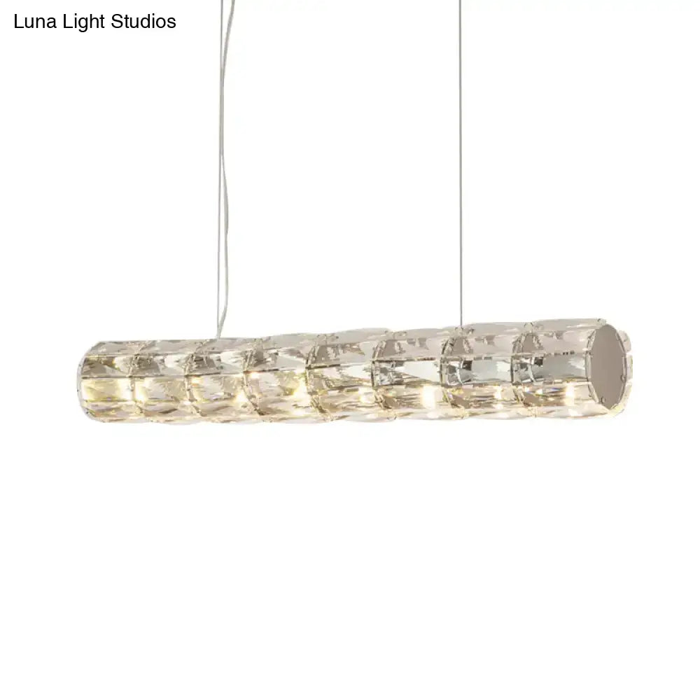 Modern silver crystal tube island light with clear crystal-encrusted cylindrical pendant for dining room chandelier