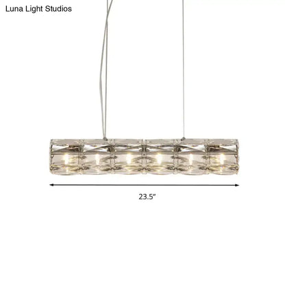 Modern silver crystal tube island light with clear crystal pendant and five embedded lights for dining room chandelier
