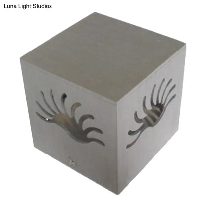 Modern silver cube led wall sconce with intricate handprint cutouts and bulb included for corridor lighting