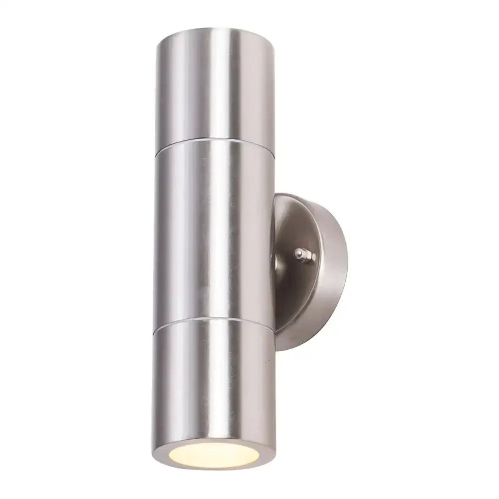 Modern silver cylindrical stainless steel wall sconce with dual lighting for minimalist outdoor use