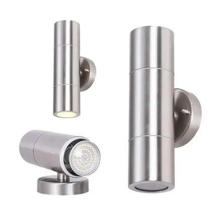 Modern silver cylindrical wall sconces outdoor minimalist light with stainless steel dual-head led spotlights and visible led array