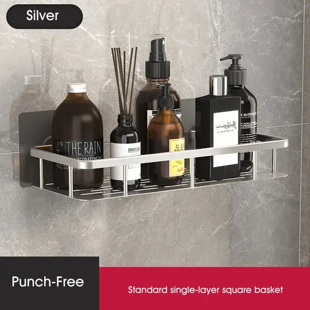 Modern silver double tiered corner shower shelf bathroom storage caddy with silver metal grid design holding bottles decorbites corner shower