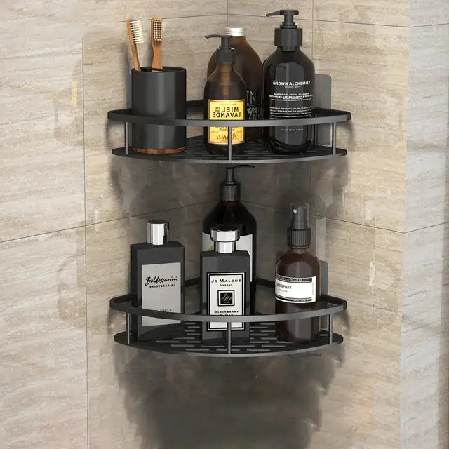 Modern silver decorbites corner shower shelf with black metal grid design and two tiers for bathroom storage caddy