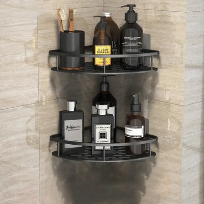 Modern silver decorbites corner shower shelf with black metal grid design and two tiers for bathroom storage caddy