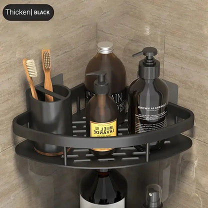 Modern silver double tiered decorbites corner shower shelf with black thickened slatted shelves for organized storage