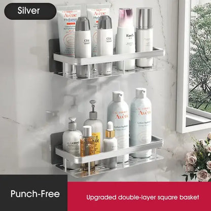 Modern silver double tiered corner shower shelf with a minimalist design for decorbites corner shower bathroom storage