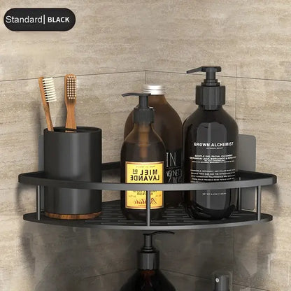Modern silver decorbites corner shower double tiered corner shower shelf with black matte toothbrush holder and slotted shelf