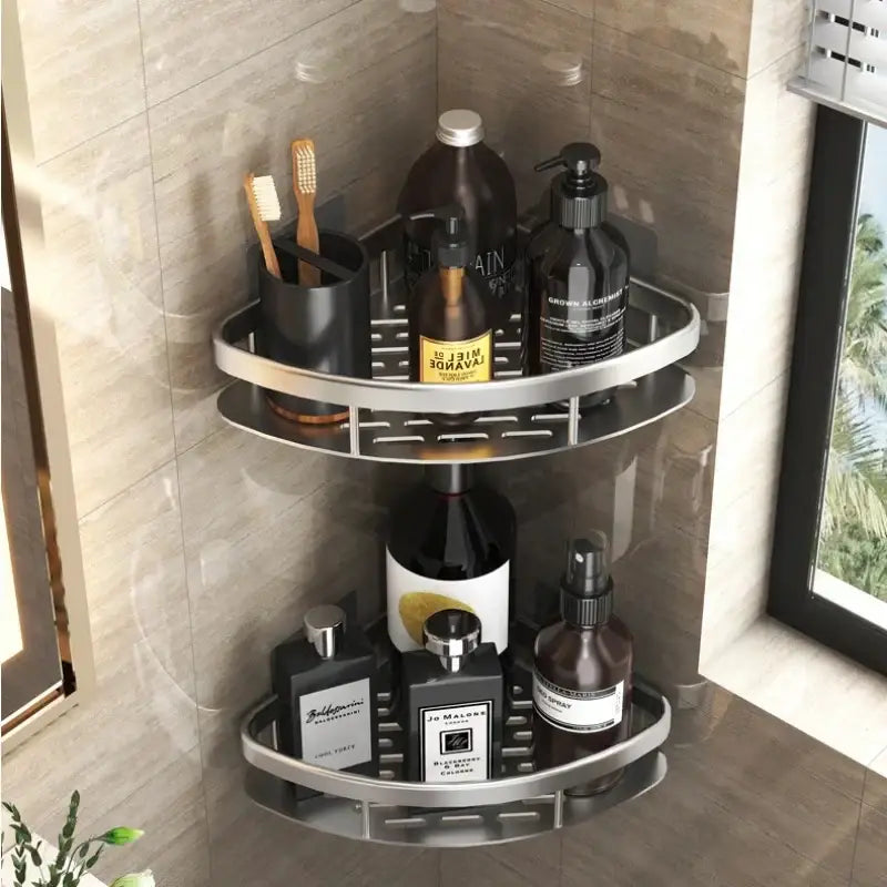 Modern silver double tiered corner shower shelf with sleek design by decorbites corner for bathroom storage caddy