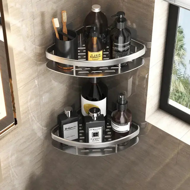 Modern silver double tiered corner shower shelf by decorbites corner with sleek design for bathroom storage caddy