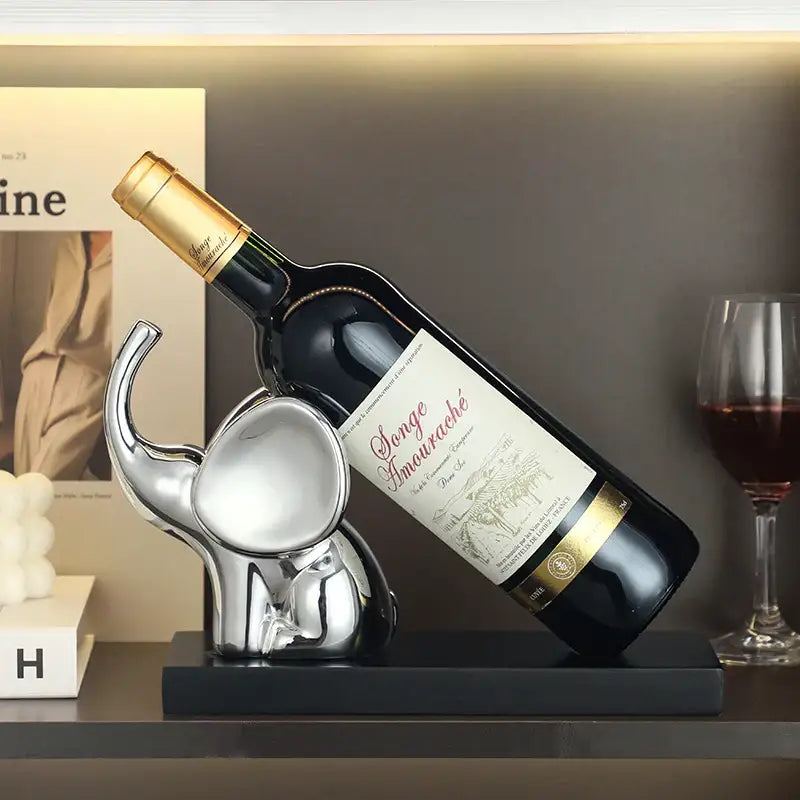 Modern silver elephant wine rack table ornament with shiny polished metallic finish for dining room decor