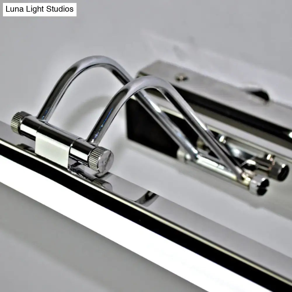 Modern silver finish linear wall mount led vanity lamp with chrome-finished metal track lighting and adjustable curved arms
