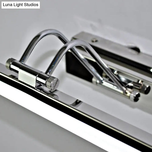 Modern silver finish linear wall mount led vanity lamp with chrome-finished metal track lighting and adjustable curved arms