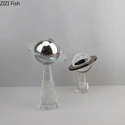 Modern silver geometric crystal star desk sculpture with clear glass planets and reflective metallic rings for decorbites decor
