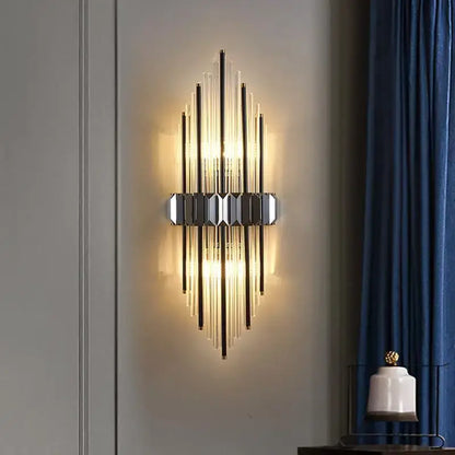 Modern silver geometric crystal strip led wall lamp with faceted base and vertical glass rods for bedroom decorbites crystal strip