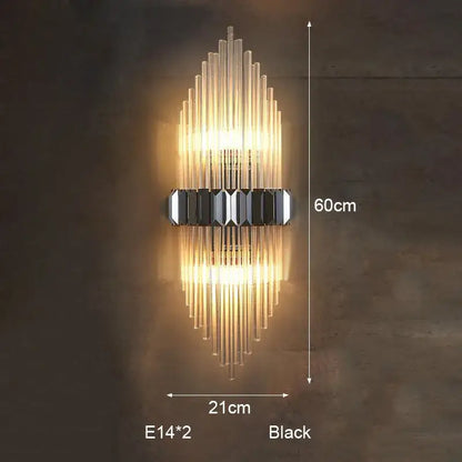 Modern black wall lamp with vertical glass rods and a silver geometric accent decorbites crystal strip led sconce