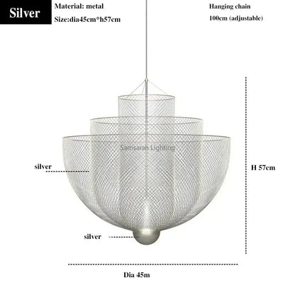 Modern silver geometric iron chandelier with tiered mesh design and adjustable hanging chain for dining room decorbites geometric iron
