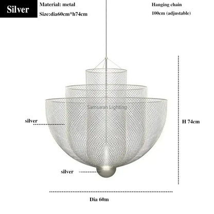 Modern silver geometric iron chandelier with tiered mesh design and adjustable hanging chain for dining room decorbites geometric iron