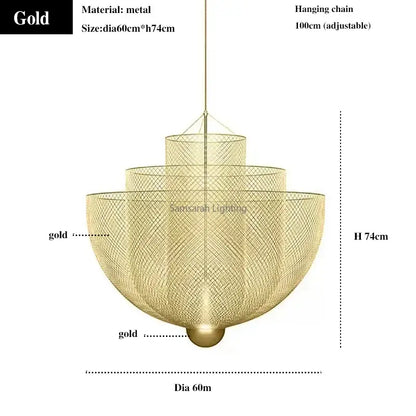 Gold-colored geometric iron chandelier with tiered mesh design and adjustable hanging chain for modern dining room decorbites geometric iron chandelier