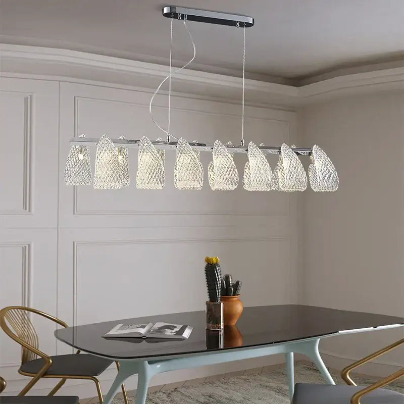 Modern silver glass pinecone led chandelier with eight clear faceted crystal shades for dining room pendant light